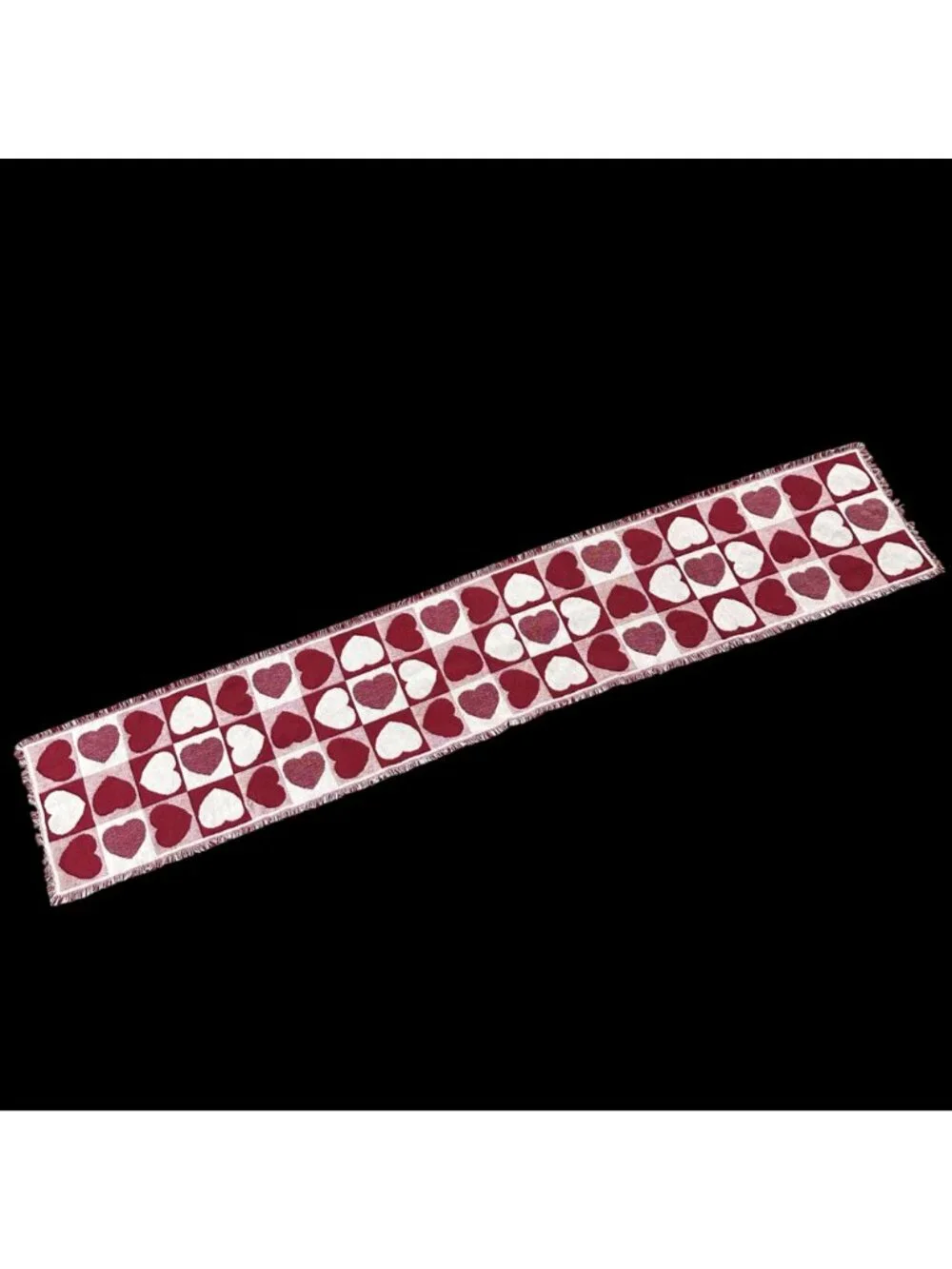 Vintage Red White Heart Woven Table Runner Tapestry Fringe Cottage Farmhouse